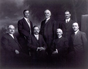 1914 Victoria Centre Council : Back row, left to right: E. H. Cotterell, C.E.; Secretary-Treasurer; A. W. McCurdy, Vice-President; Major C. B. Simonds, C.E. Front row: W. J. Sutton, M.E.; Dr. J. S. Plaskett, P.R.A.S. of C., Honorary President; T. Napier Denison, President; G.G. Aiken.