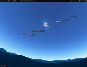 Uranus, Jupiter, Comet Pons-Brooks (12P), Mercury, eclipsed Sun, Venus, Neptune, Saturn - diagram from Starry Night Pro Plus 8