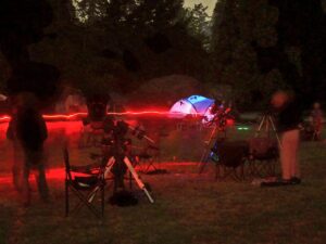 Red lights on the observing field at the 2024 Island Star Party