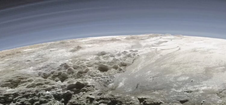 Astronomy Cafe banner image of the horizon of Pluto taken by New Horizons mission